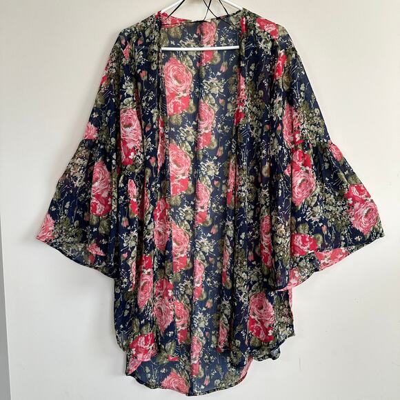 Umgee Other - Umgee Floral Print Kimono Bathing Suit Coverup Boho Bell Sleeve Open Front M/L